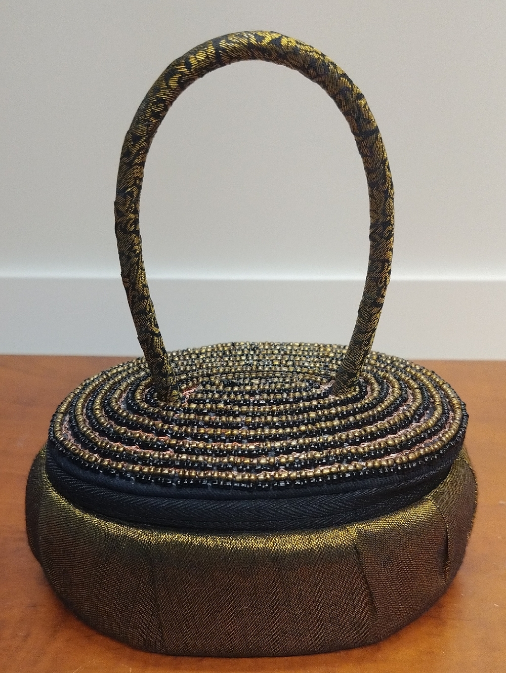 Gold and Black Beaded Mini Handbag with Top Handle